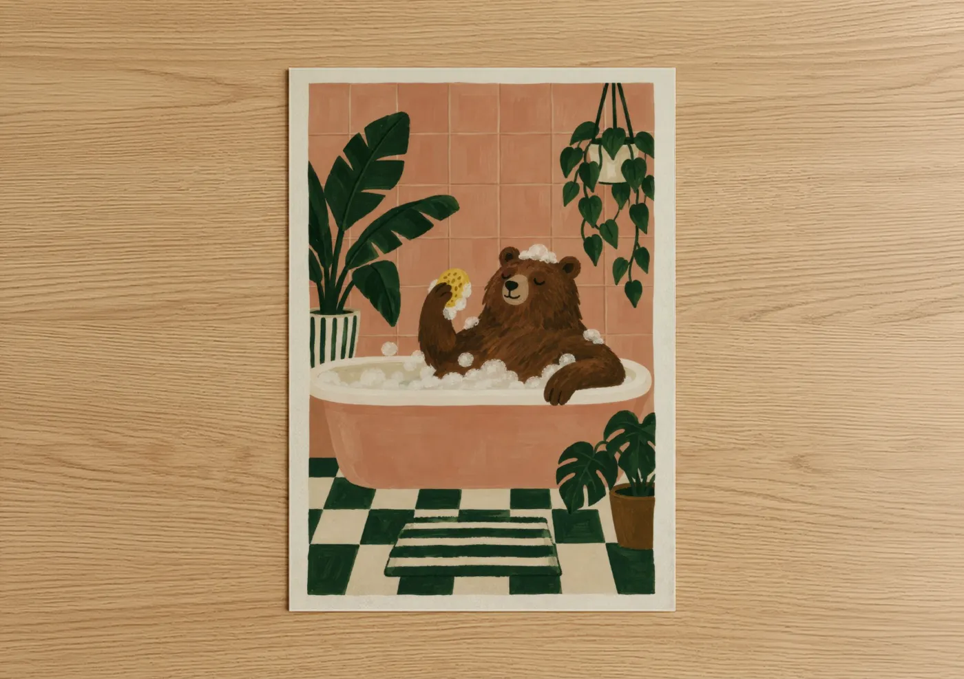 Art print on warm oak wood — peach and true green palette — Bear Bath Time Tropical Bathroom Wall Art poster