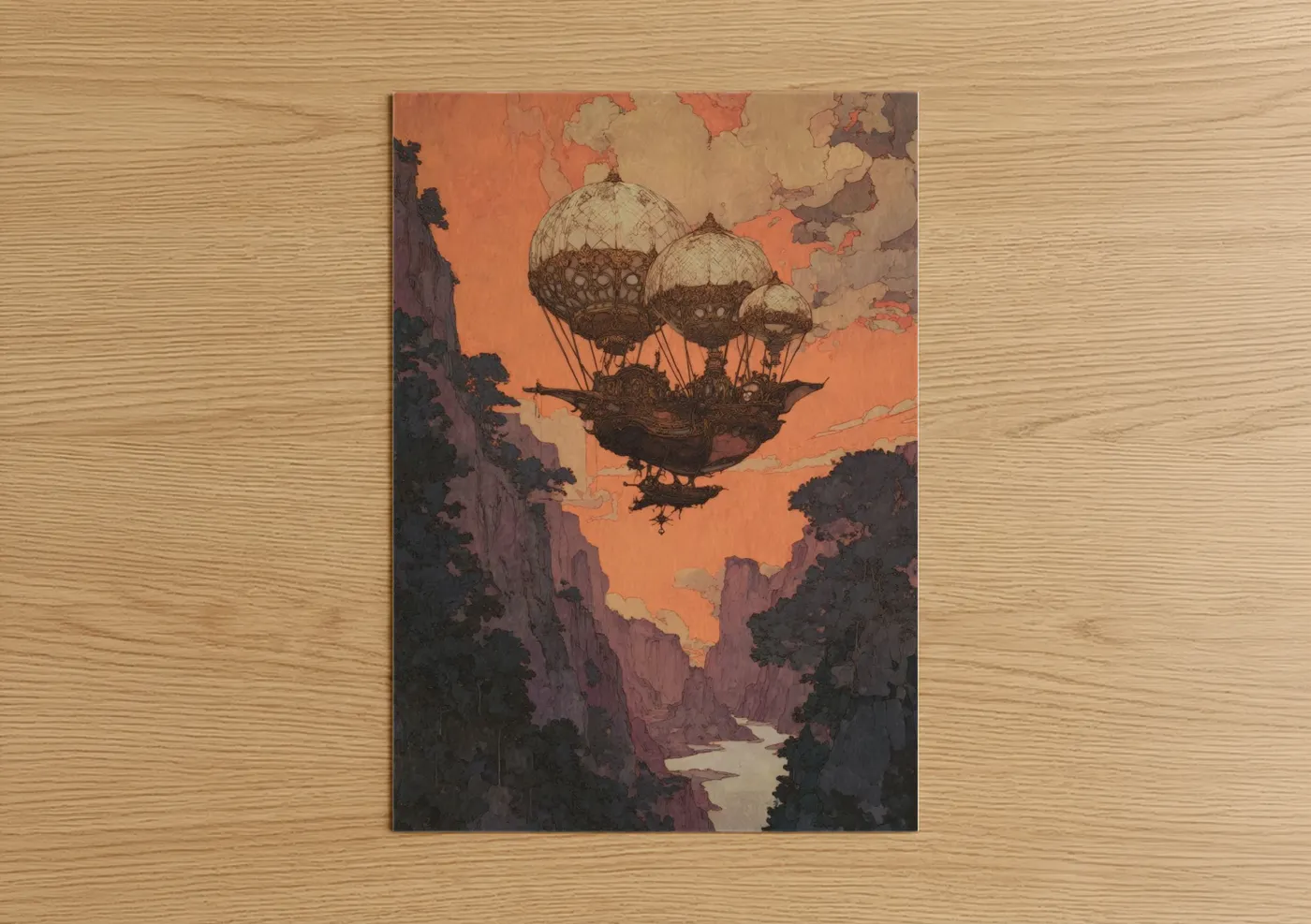 Art print on warm oak wood — orange and maroon palette — Sunset Airship poster