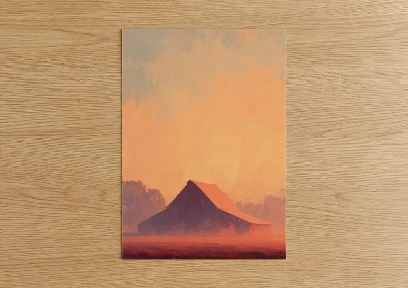 Art print on warm oak wood — peach and gold palette — Misty Barn Sunrise poster