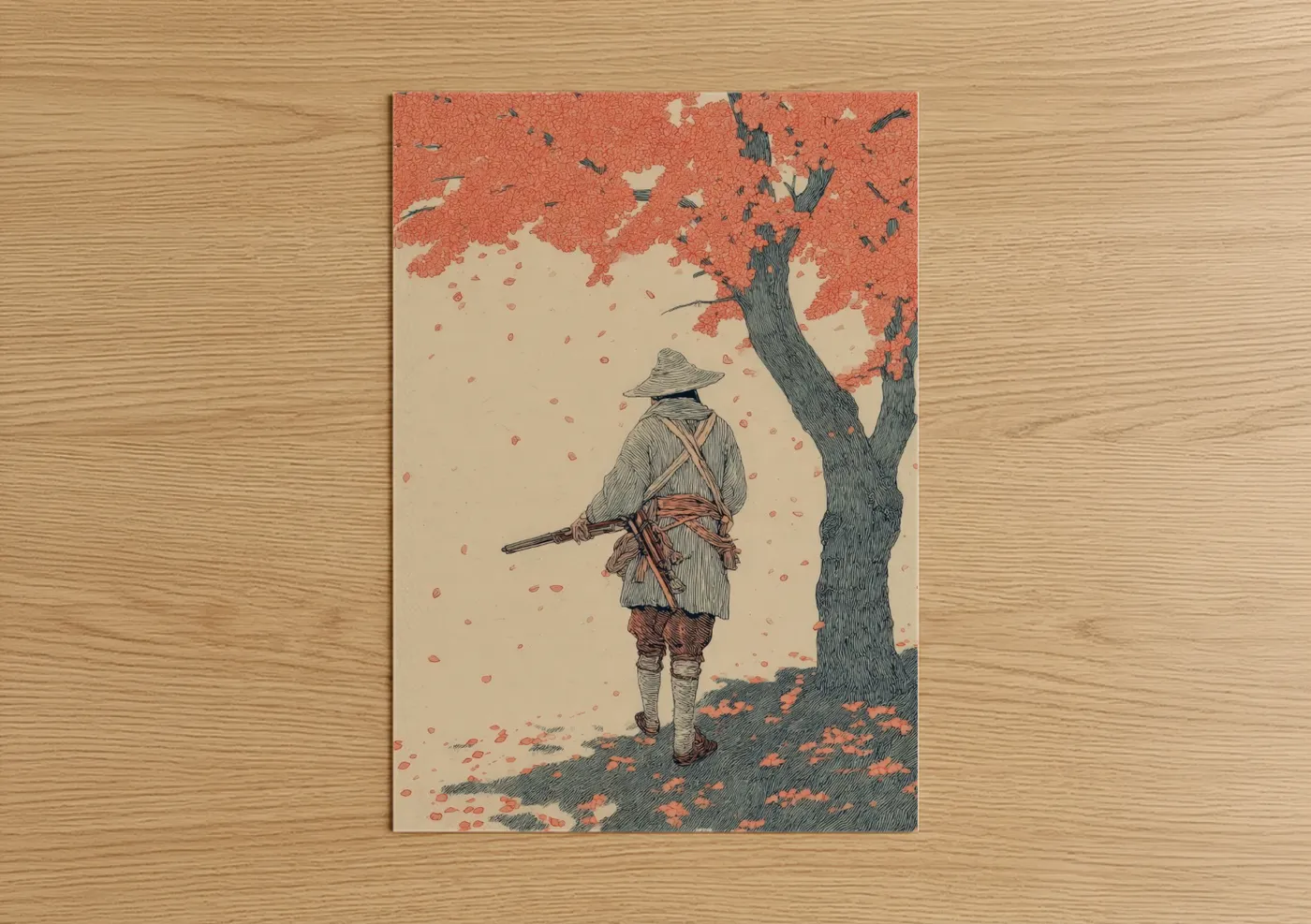 Hunting art print on warm oak wood — red and cream palette — Autumn Hunter poster