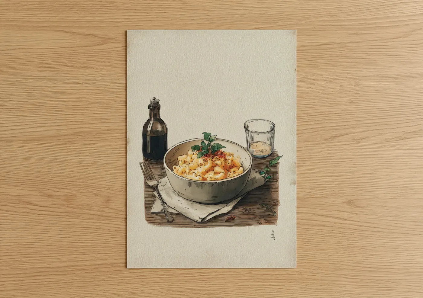 Art print on warm oak wood — beige and black palette — Creamy Pasta Bowl poster