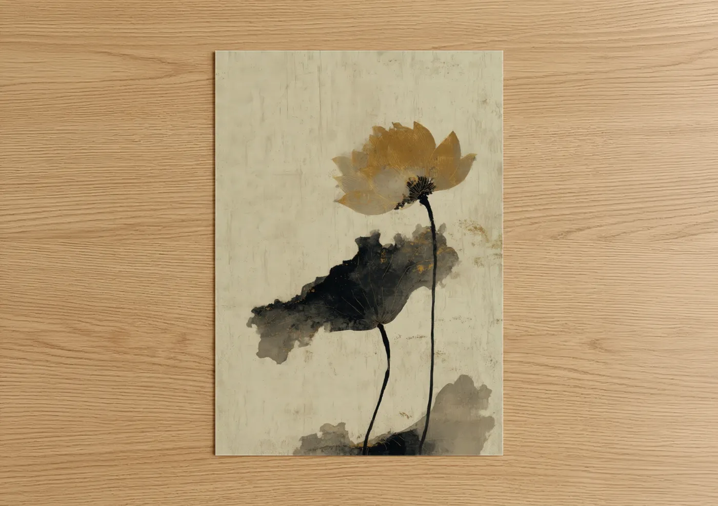 Art print on warm oak wood — gold and dove gray palette — Golden Lotus Bloom poster