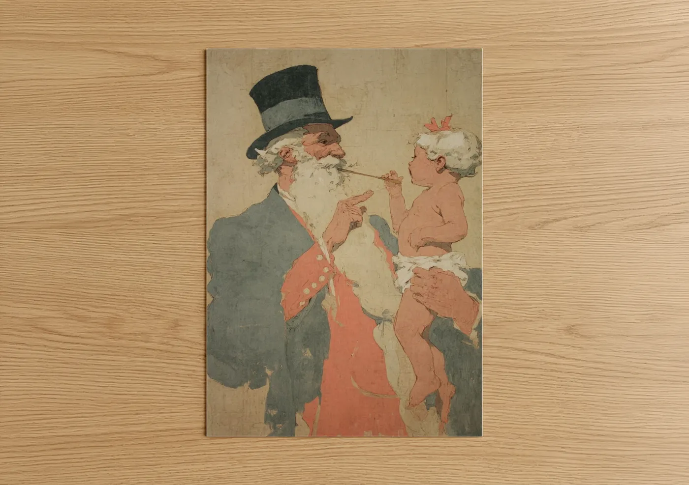 New years eve art print on warm oak wood — peach and cream palette — Festive Cherub Celebration poster