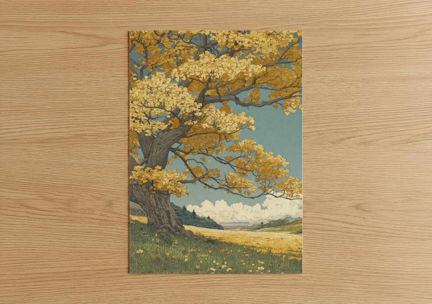 Art print on warm oak wood — yellow gold and blue palette — Golden Linden Tree poster