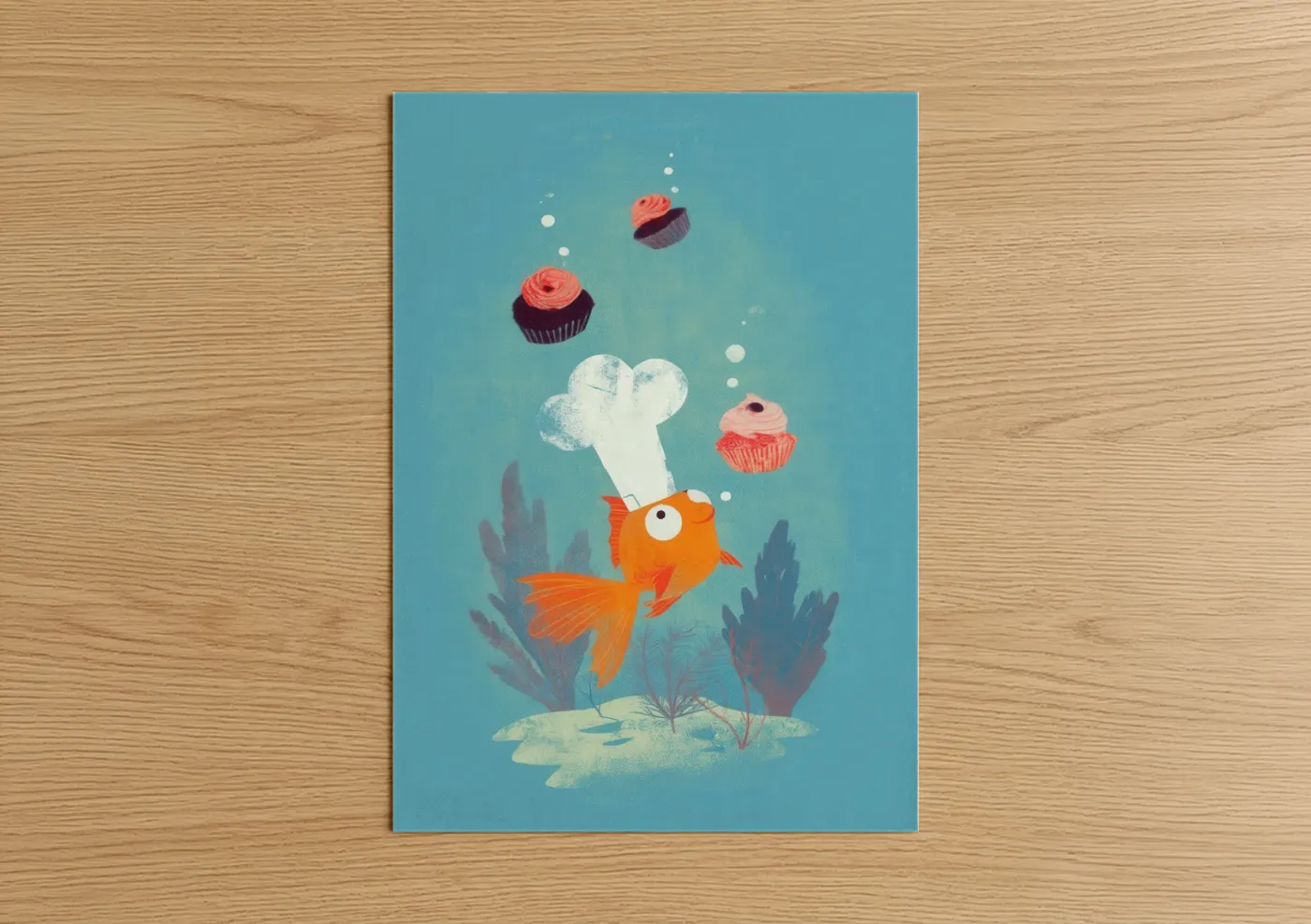 Art print on warm oak wood — blue and peach palette — Dreaming Goldfish poster