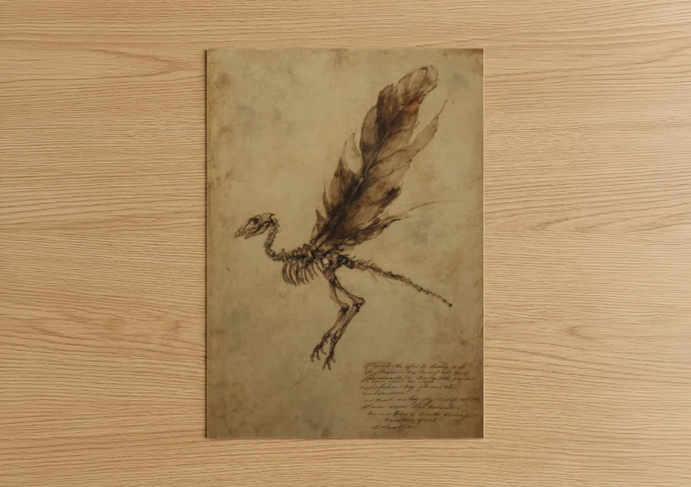 Art print on warm oak wood — beige and black and white palette — Skeletal Phoenix poster