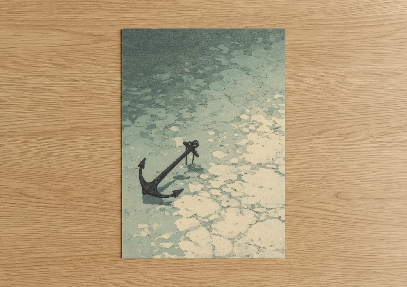 Art print on warm oak wood — sage green and cream palette — Vintage Anchor poster