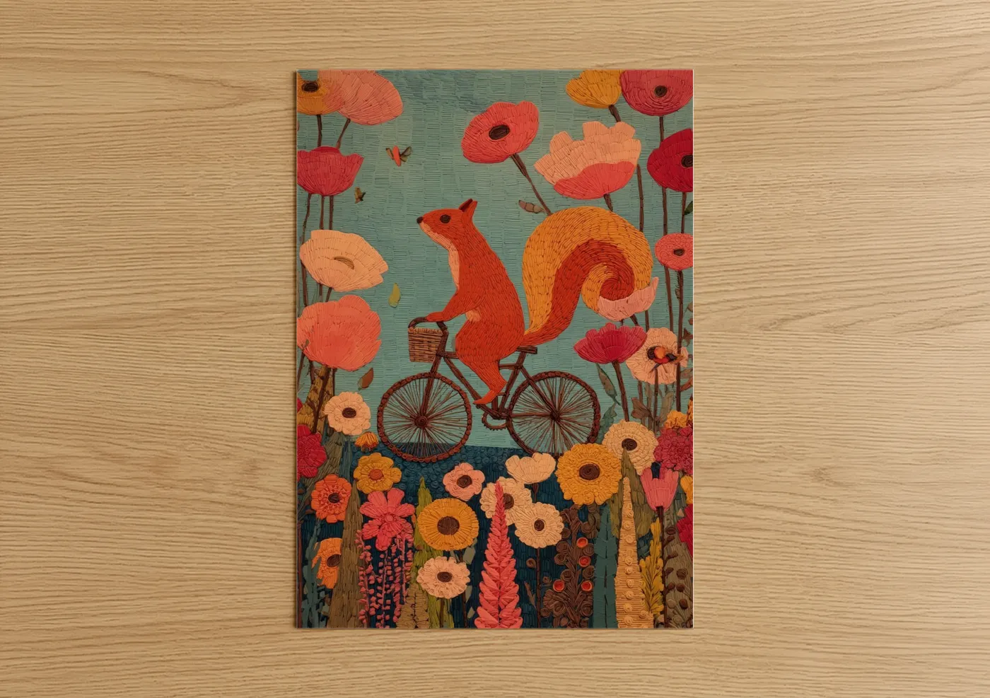 Squirrel Bicycle Illustration Among Flowers Wall Art