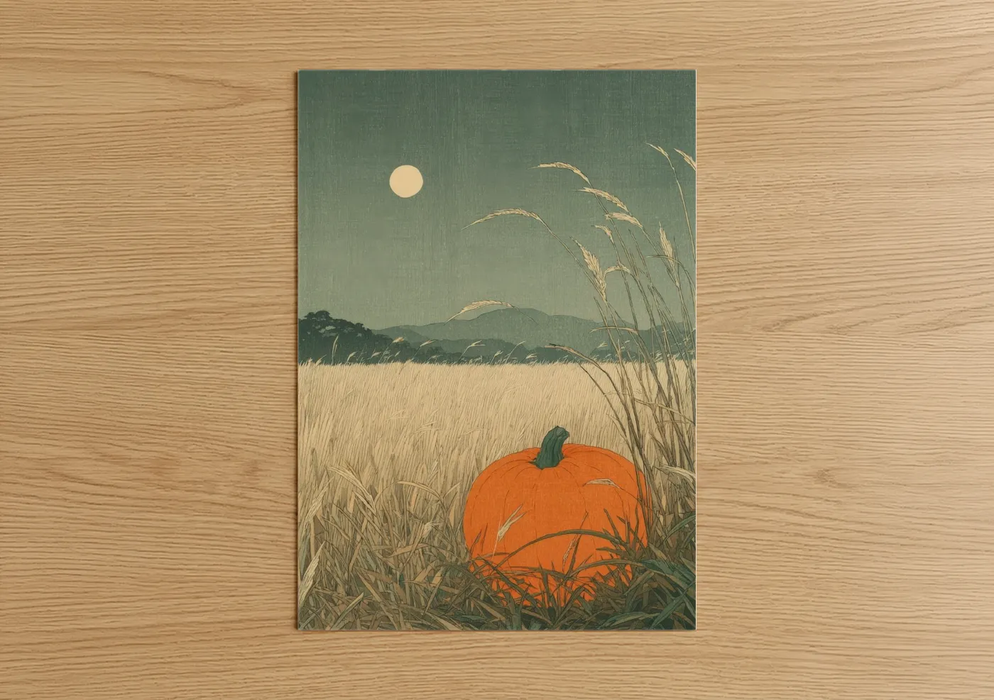 Vegetable art print on warm oak wood — sage green and gold palette — Harvest Moon Pumpkin poster