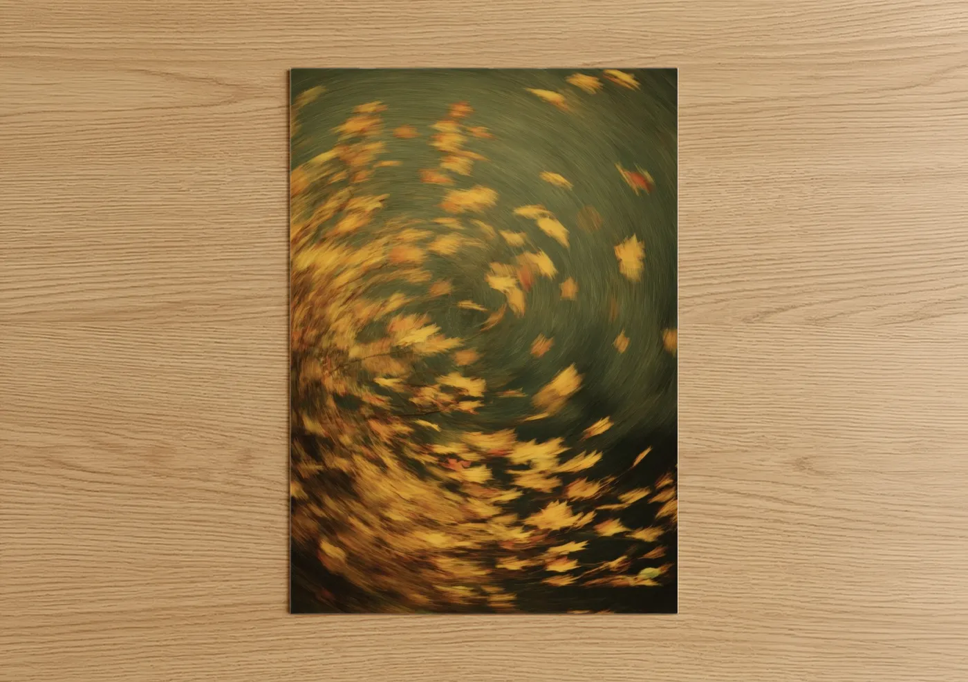 Art print on warm oak wood — gold and dark green palette — Autumn Leaf Swirl poster