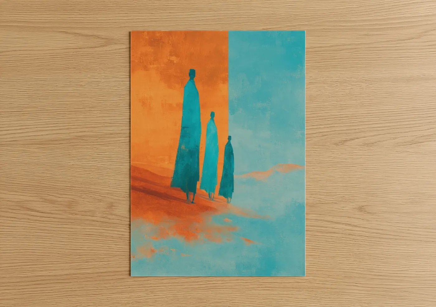 Epiphany art print on warm oak wood — orange and turquoise palette — Desert Pilgrimage poster