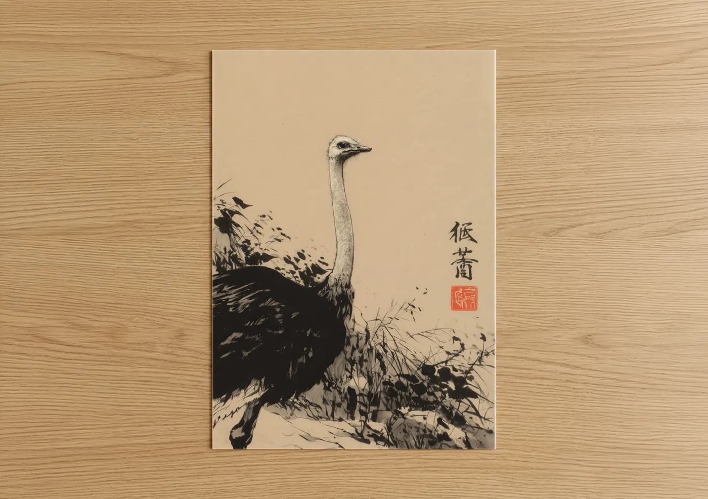 Graceful Ostrich Japanese Woodblock Wall Art