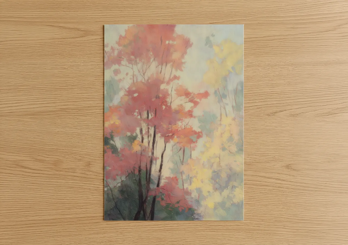 Art print on warm oak wood — salmon pink and cream palette — Autumn Maple Forest poster