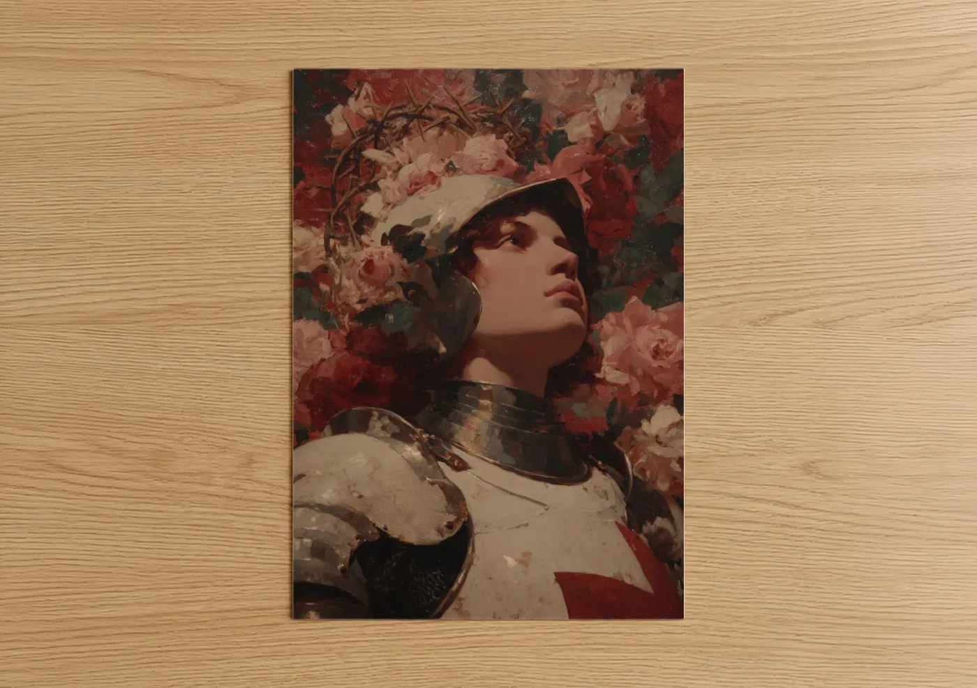 Joan of arc art print on warm oak wood — red and cream palette — Armored Saint poster