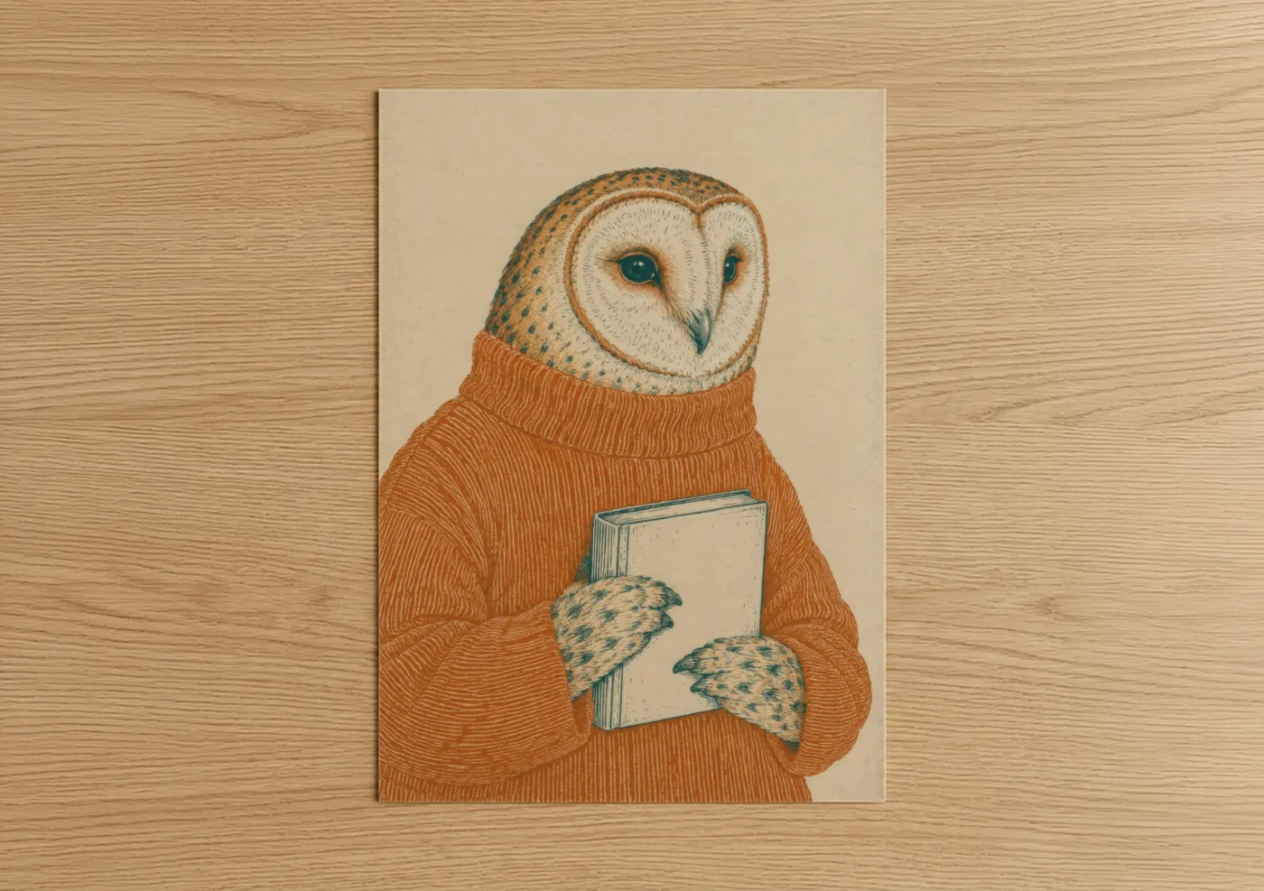 Art print on warm oak wood — beige and orange palette — Scholarly Barn Owl Reading Wall Art poster