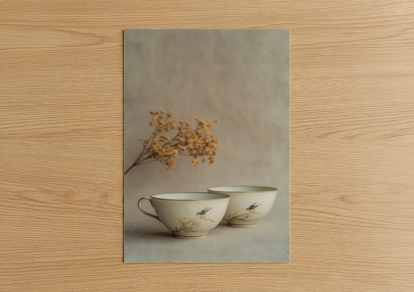 Art print on warm oak wood — beige and gold palette — Minimalist Pottery Bowls poster