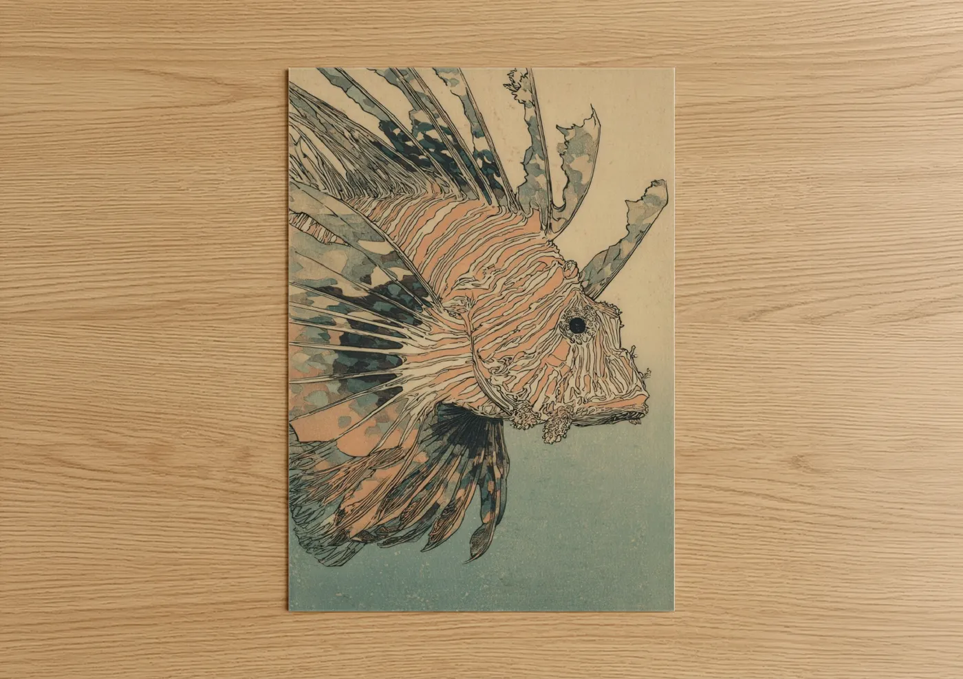 Art print on warm oak wood — orange and teal palette — Crimson Lionfish poster