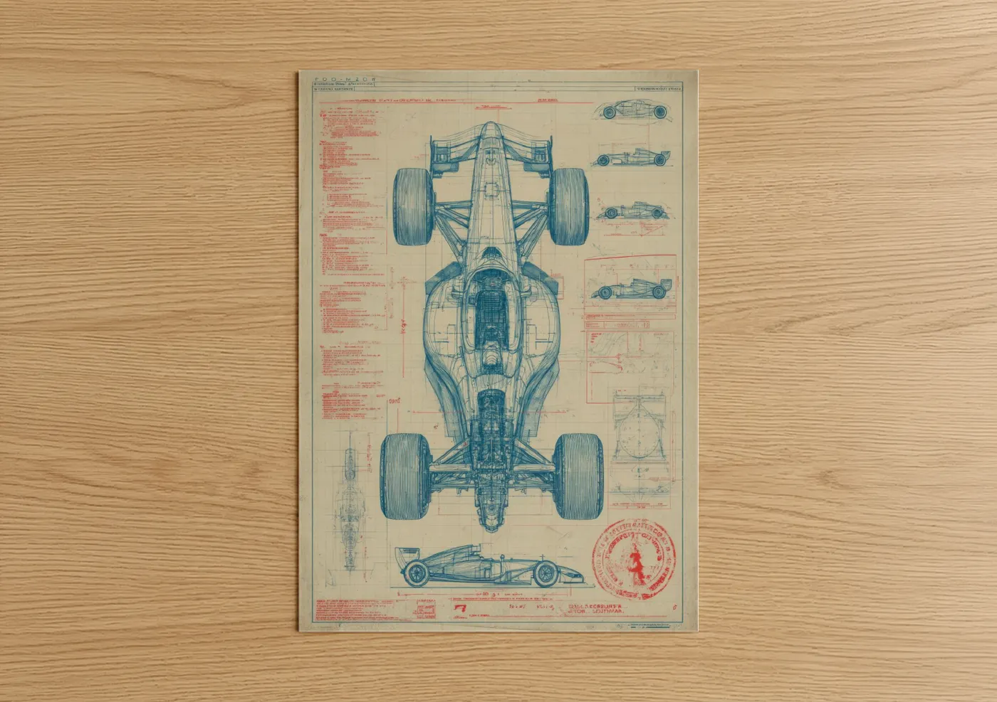 vintage formula 1 race car technical blueprint Wall Art