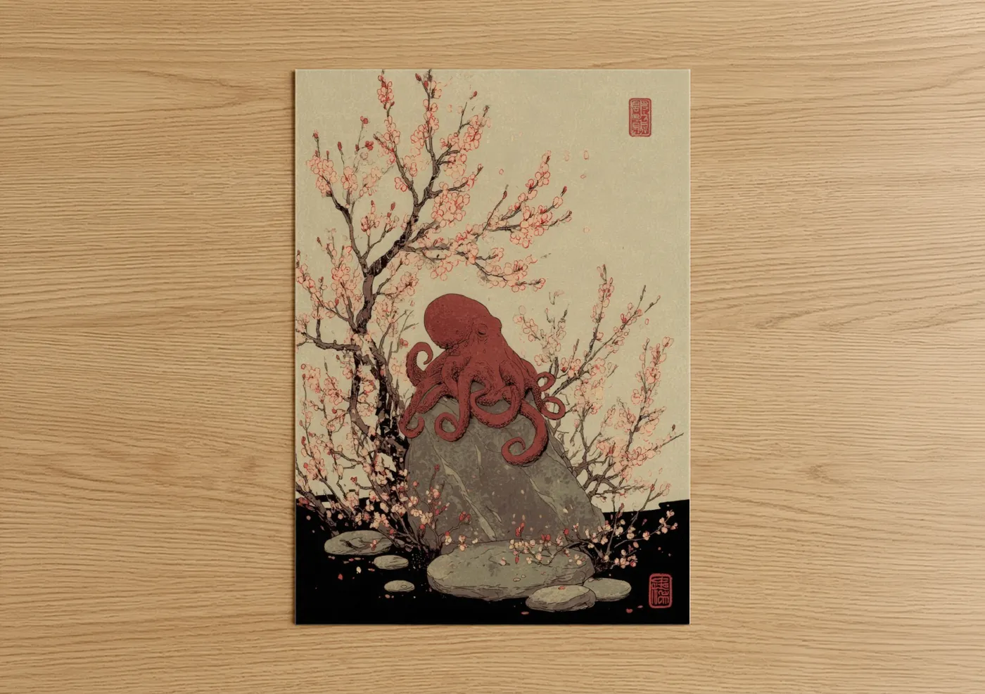 Red Octopus Cherry Blossom Wall Art