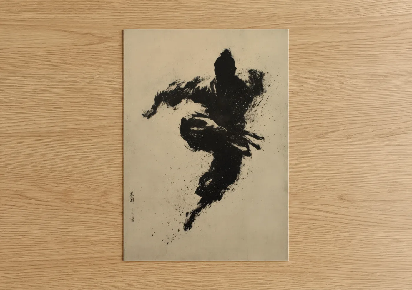 Art print on warm oak wood — black and cream palette — Dynamic Kung Fu poster