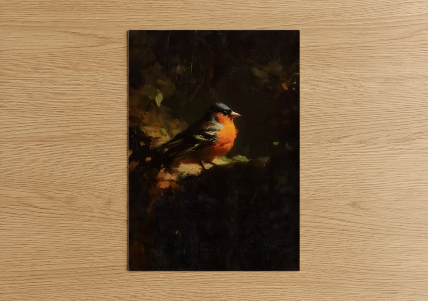 Art print on warm oak wood — orange and espresso palette — Crimson Finch poster