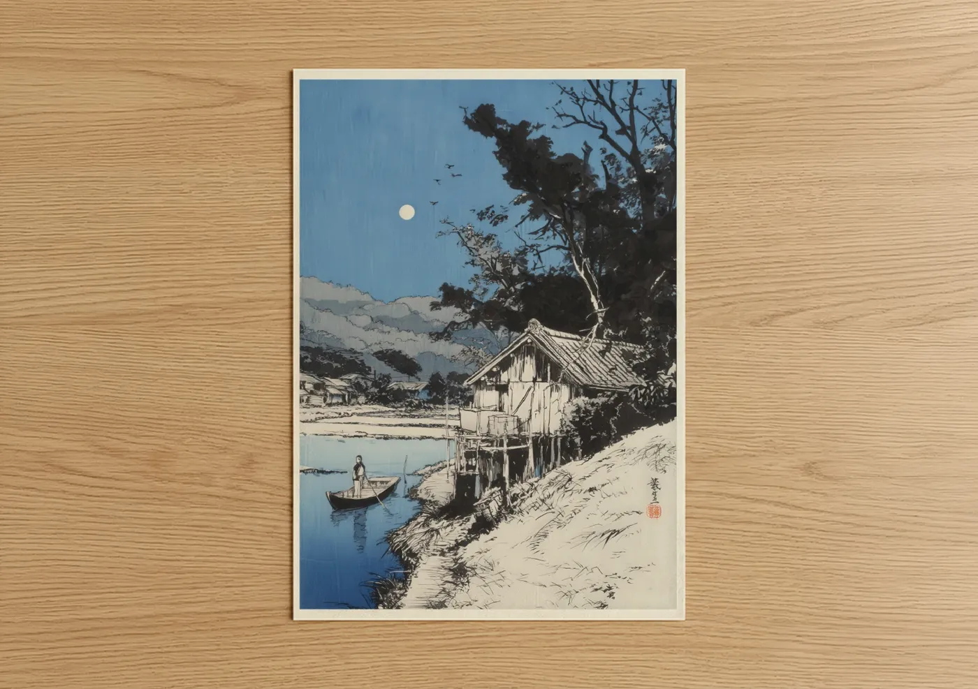 Moonlit Riverside Village Japanese Woodblock Wall Art