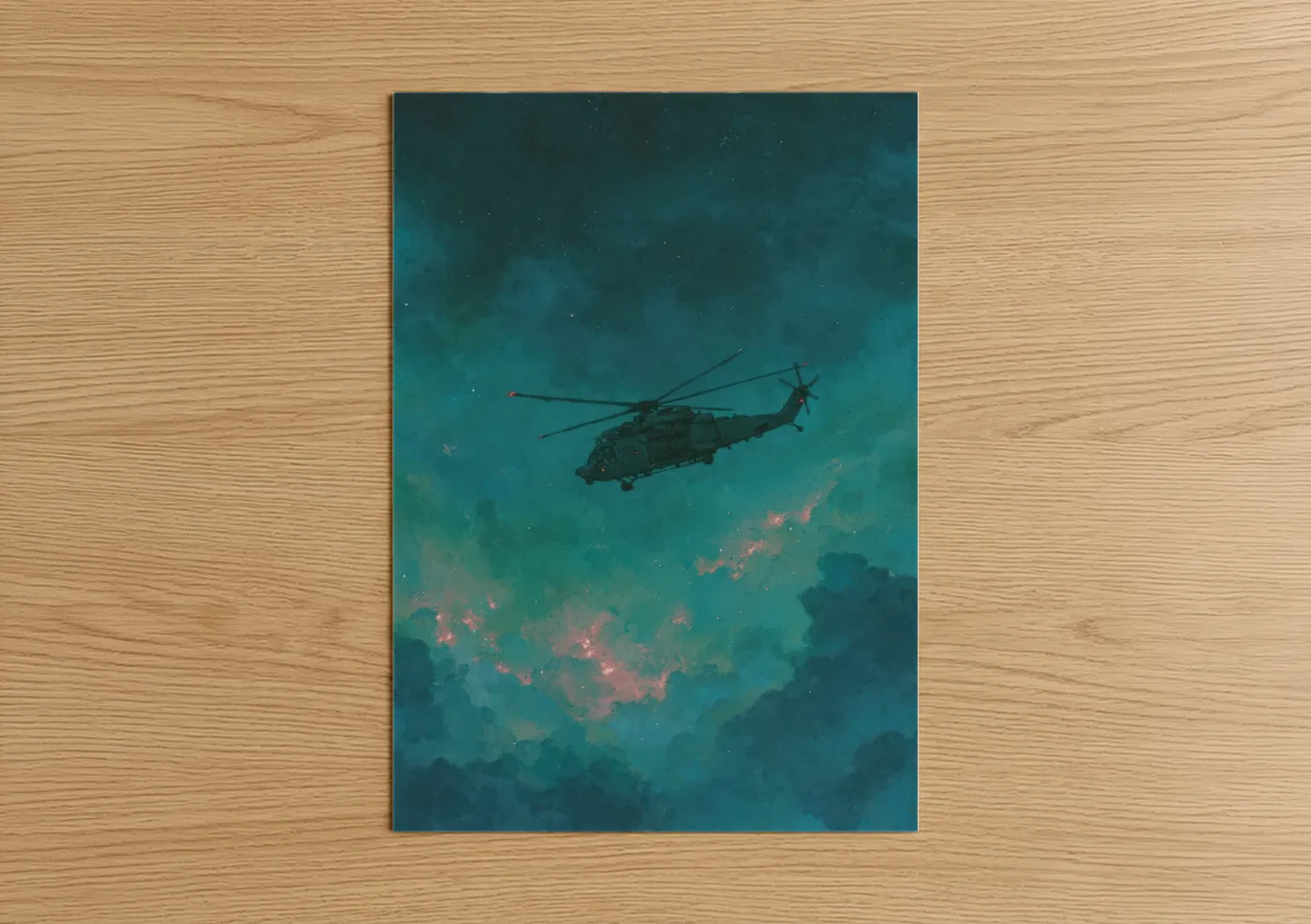 Art print on warm oak wood — teal and salmon pink palette — Nocturnal Helicopter poster