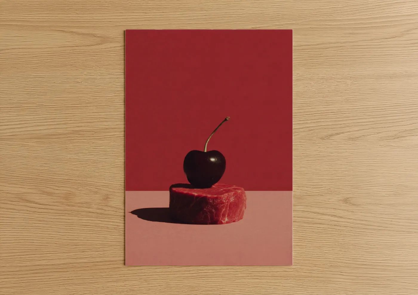 Meat art print on warm oak wood — maroon and red palette — Cherry Surrealism poster