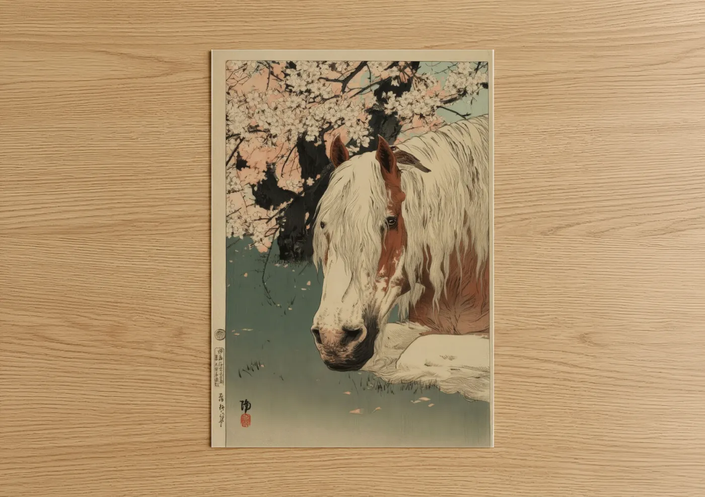 Clydesdale horse art print on warm oak wood — cream and sage green palette — Cherry Blossom Clydesdale poster