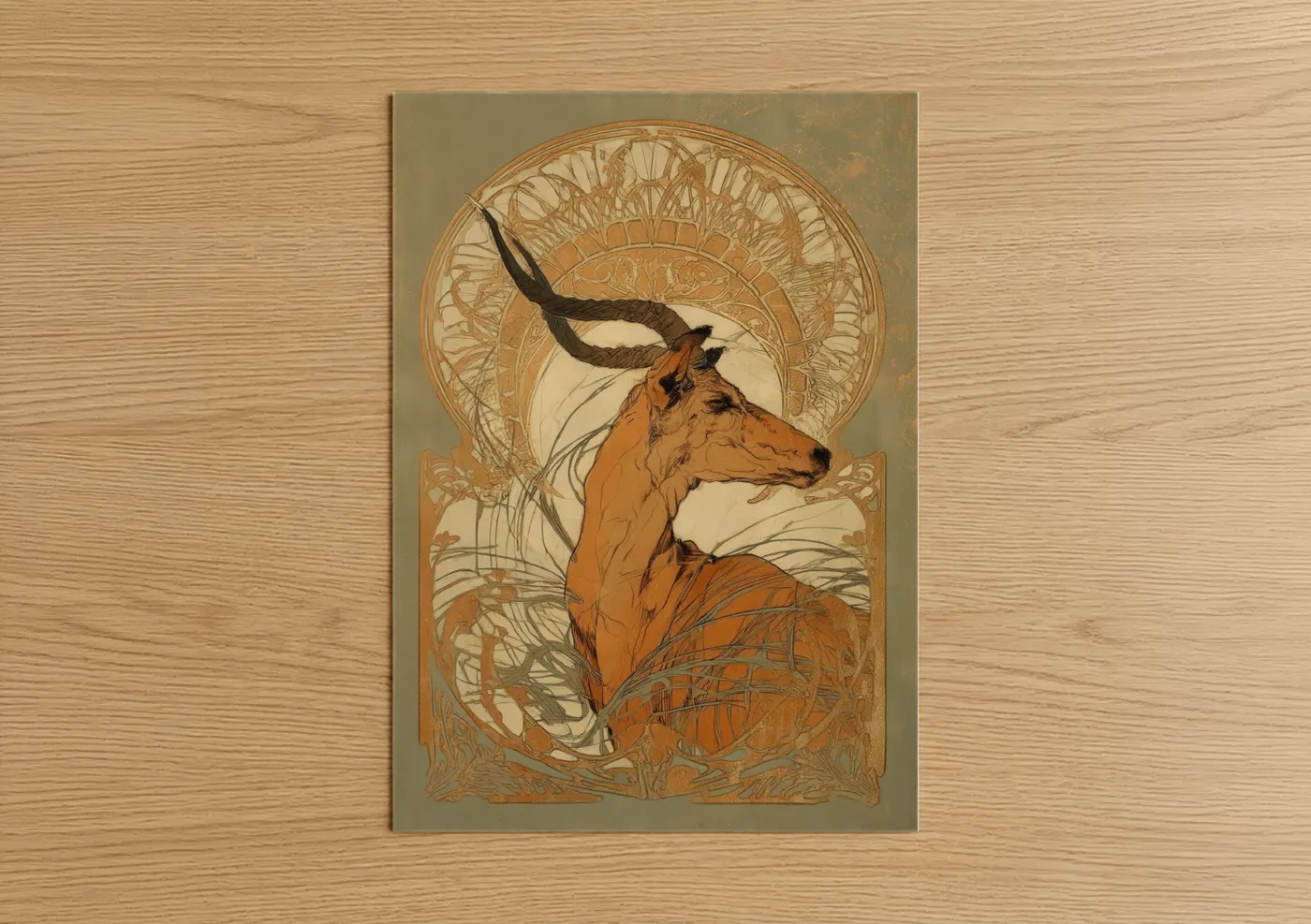 Art print on warm oak wood — gold and russet palette — Golden Antelope poster