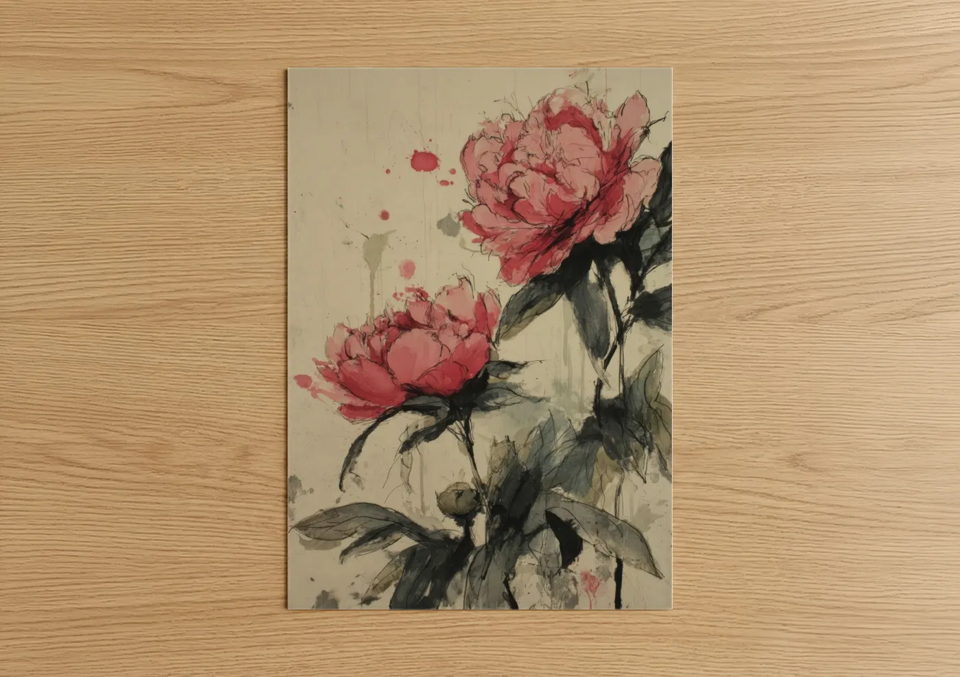 Art print on warm oak wood — salmon pink and black palette — Crimson Peony poster