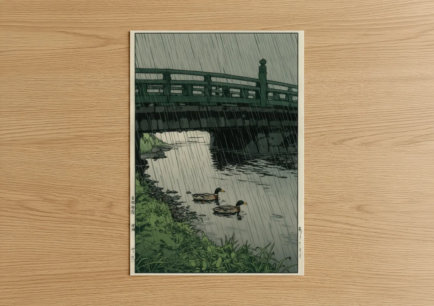 Ducks Under Bridge Rain Woodblock Wall Art