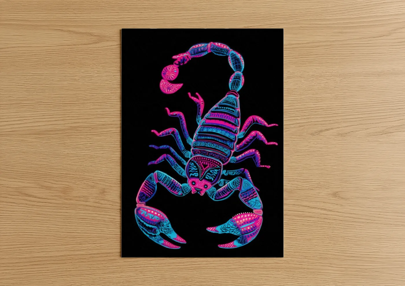Scorpions art print on warm oak wood — magenta and blue palette — Neon Scorpion poster