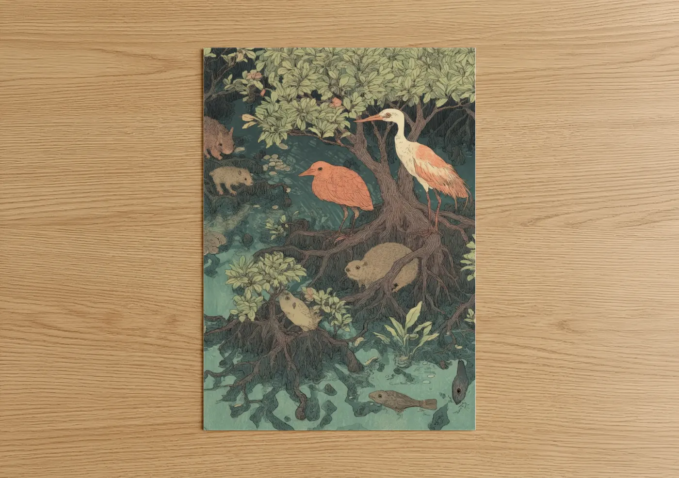 Art print on warm oak wood — teal and cream palette — Mangrove Sanctuary poster