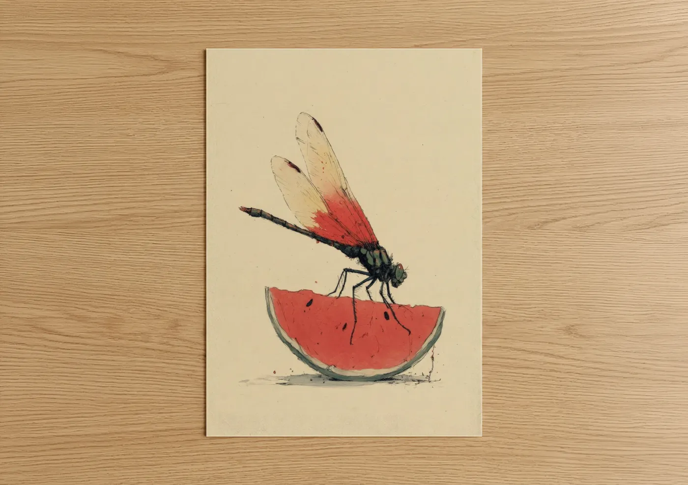 Crimson Dragonfly Watercolor Illustration Wall Art