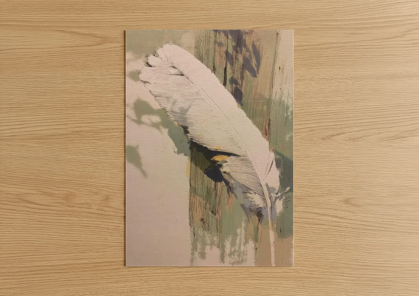 Art print on warm oak wood — beige and sage green palette — Weathered Turkey Feather poster