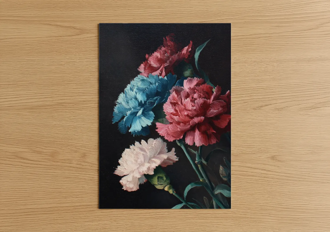 Art print on warm oak wood — red and teal palette — Jeweled Carnations poster