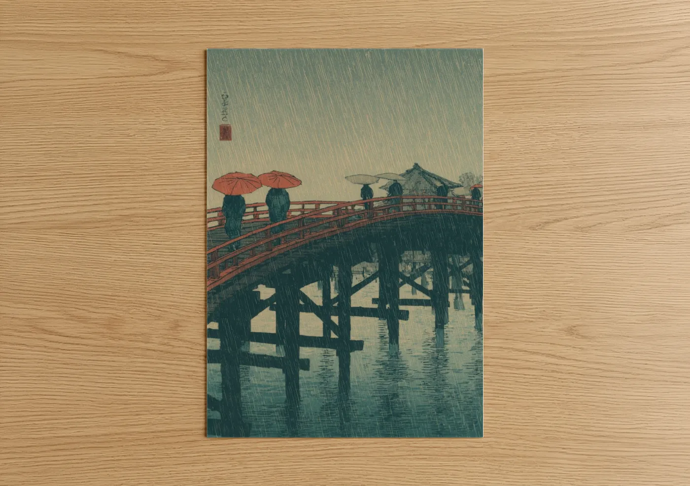 Storm art print on warm oak wood — blue and white and red palette — Rainy Bridge Crossing poster