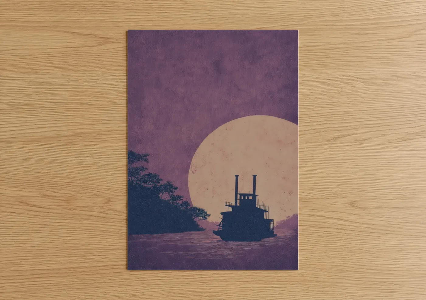 Old ships art print on warm oak wood — purple and gold palette — Moonlit Steamboat poster