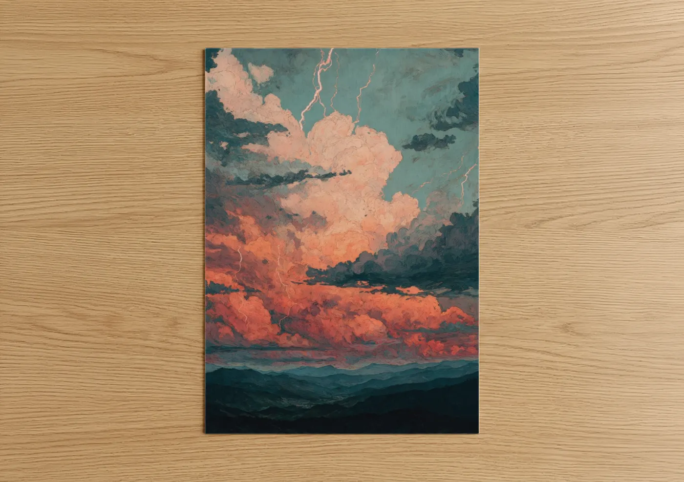 Storm art print on warm oak wood — peach and dark blue palette — Tempest Sky poster