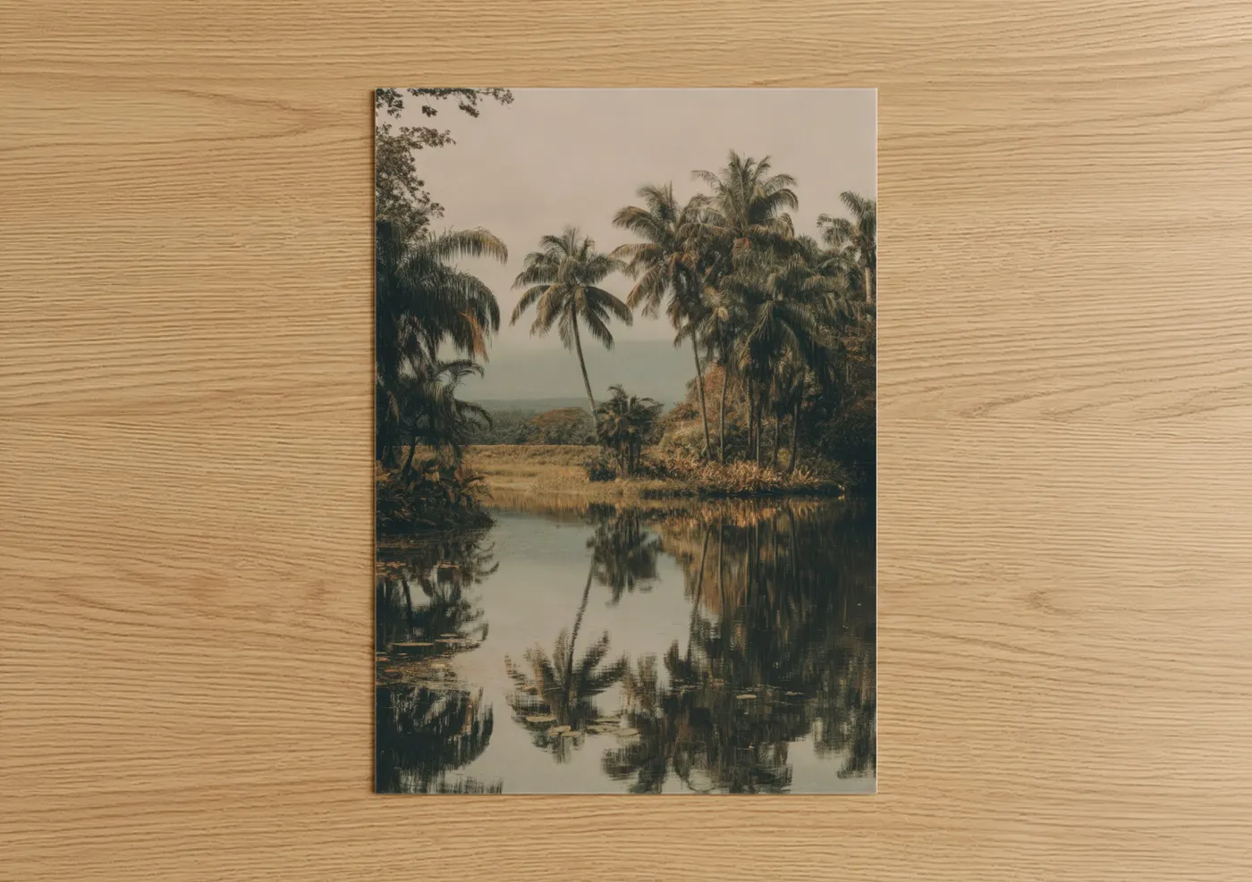 Palm forest art print on warm oak wood — gold and gray palette — Misty Palm Reflection poster