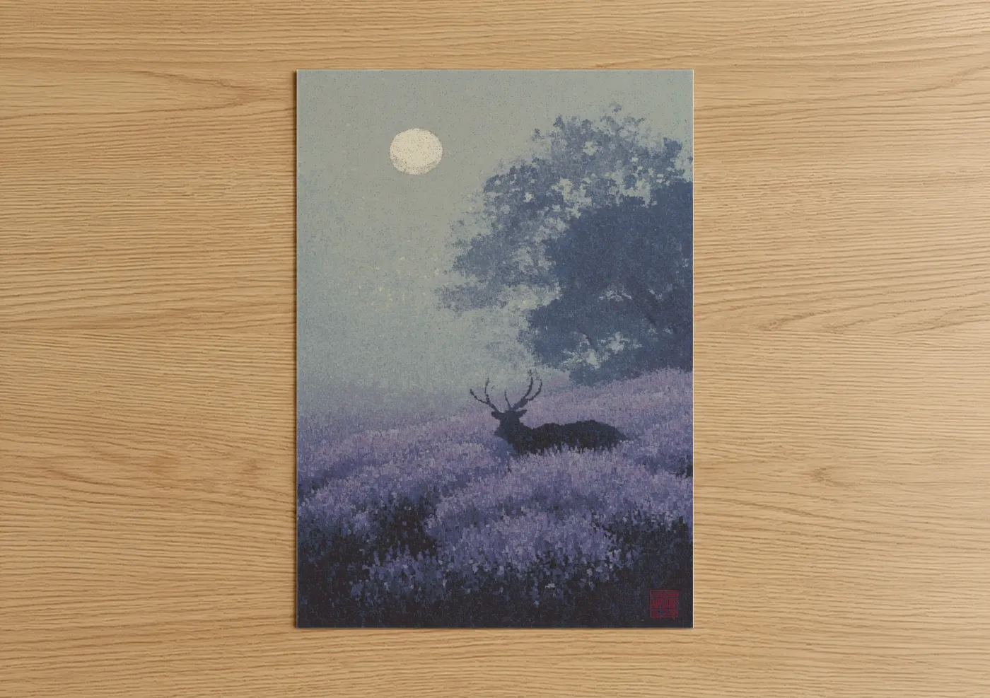 Art print on warm oak wood — blue and lavender palette — Moonlit Reindeer poster
