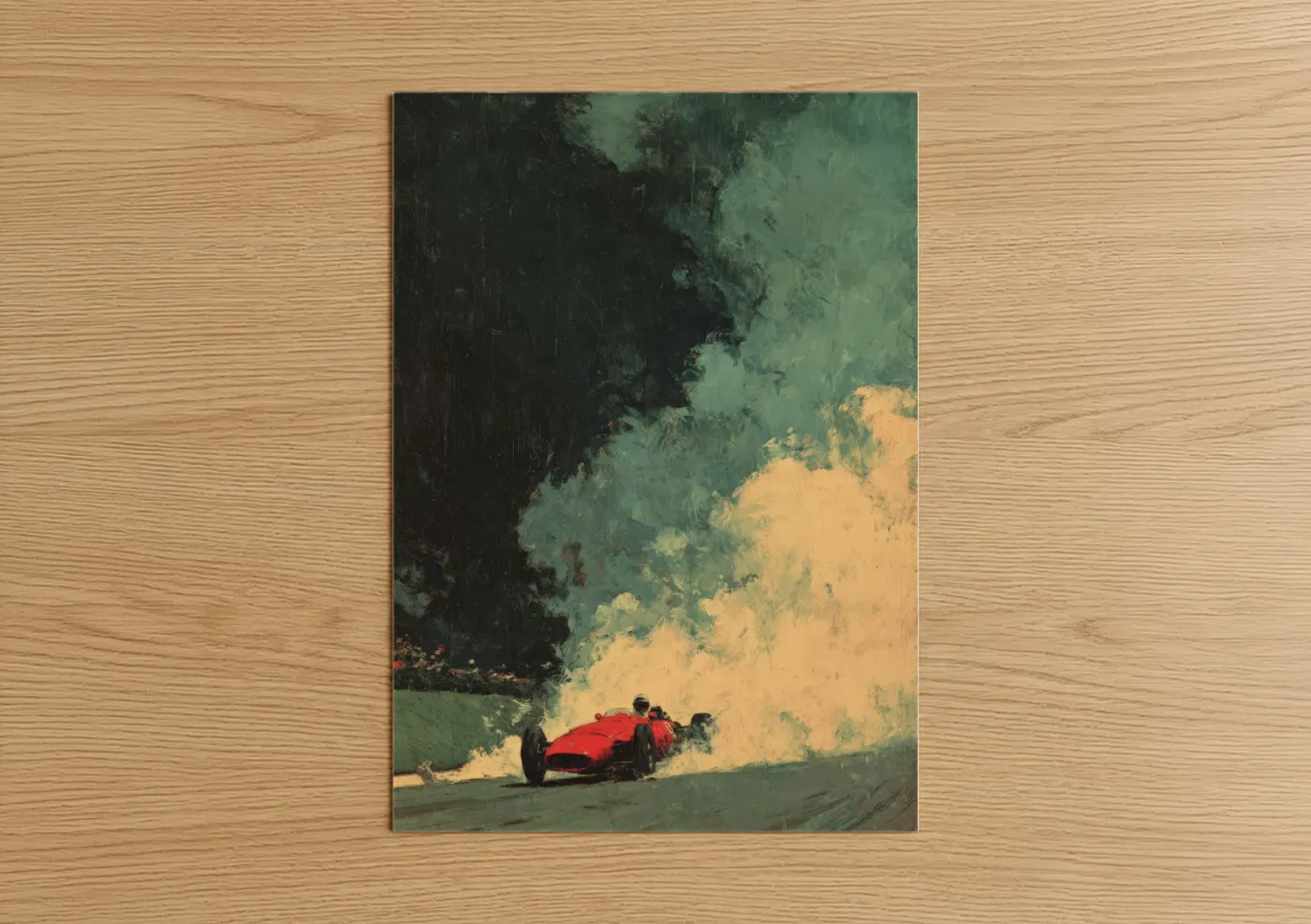 Auto racing art print on warm oak wood — dark green and gold and white palette — Crimson Mountain Racer poster