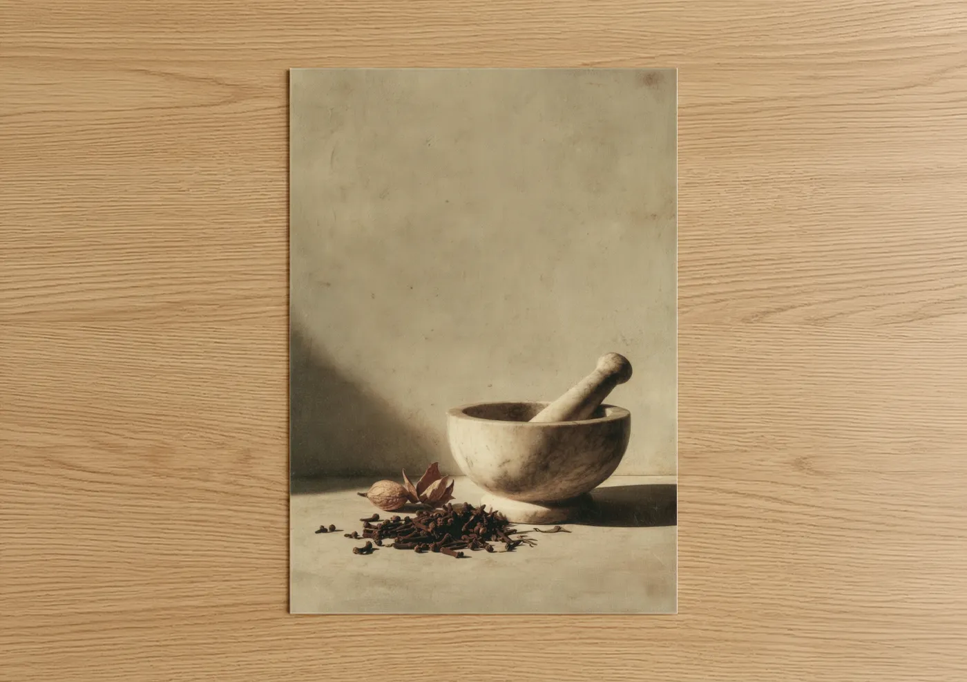 Herbs and spices art print on warm oak wood — beige and brown palette — Mortar Medley poster
