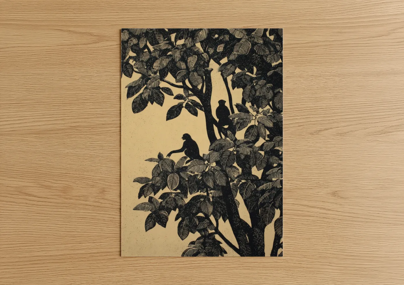 Monkeys in Tropical Tree Canopy Woodcut Wall Art