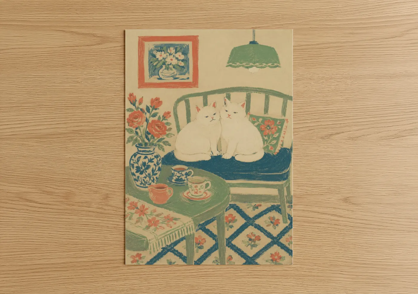 Art print on warm oak wood — cream and sage green palette — White Cats on Vintage Bench Wall Art poster