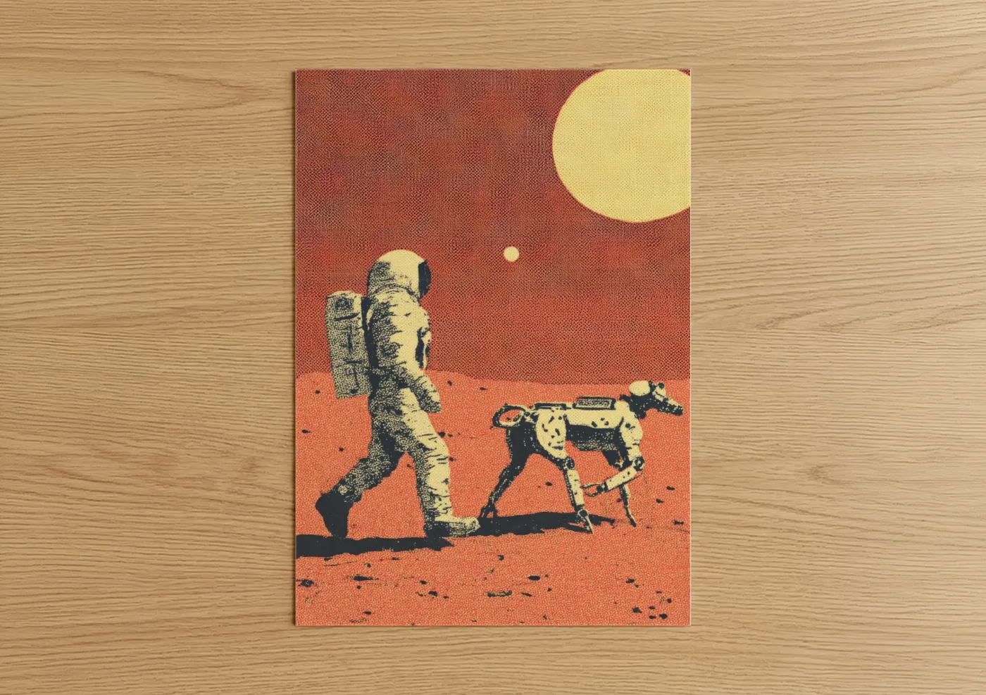 Astronaut art print on warm oak wood — russet and yellow gold palette — Lunar Explorer poster