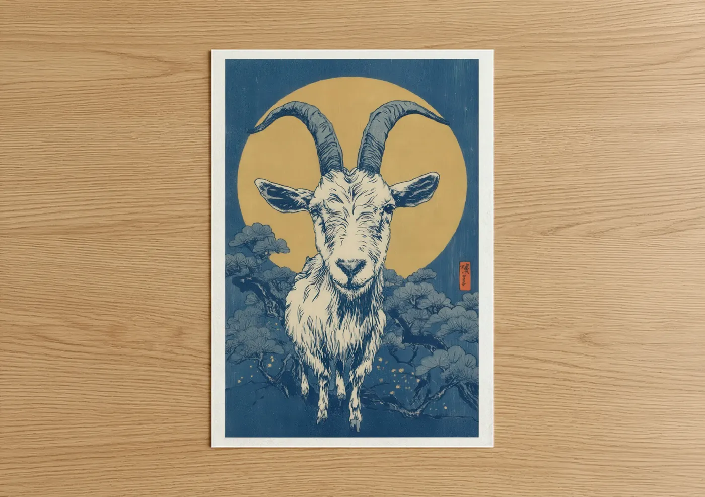 Art print on warm oak wood — blue and gold palette — Golden Moon Goat poster