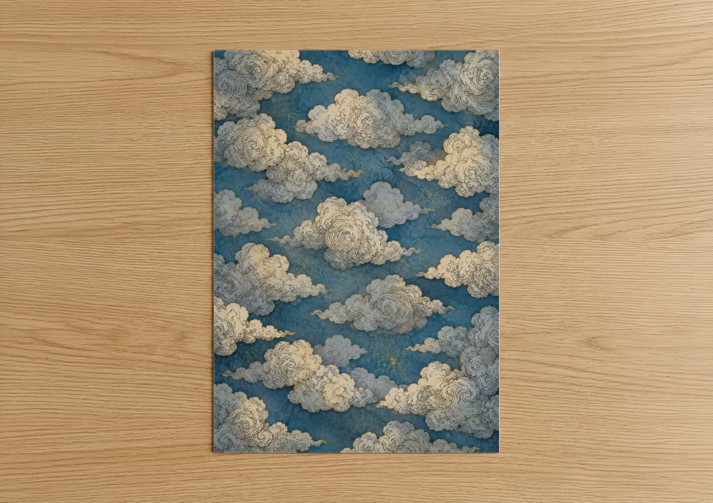 Art print on warm oak wood — blue and cream palette — Japanese Cloud Sky Wall Art poster