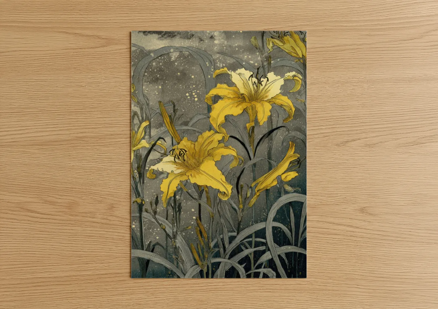 Art print on warm oak wood — yellow gold and dove gray palette — Golden Amarillys poster